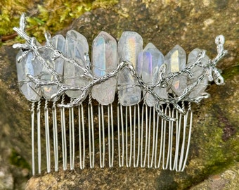 Angel Aura quartz wire wrapped hair comb accessory natural stone hair grip crystal comb with deer detail