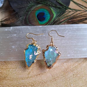 Aqua Aura Quartz Arrow head Earrings Crystal Healing Raw Stone Witchy Jewellery