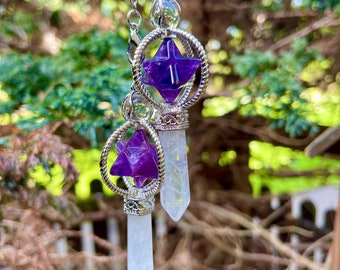 Dream Amethyst Star Clear Quartz Point Pendulum dowsing - Master Healer, Psychic Abilities, Protection, Clarity