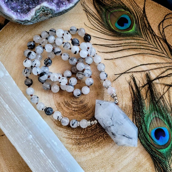 Tourmaline in Quartz Necklace Knotted Mala Double Terminated Point