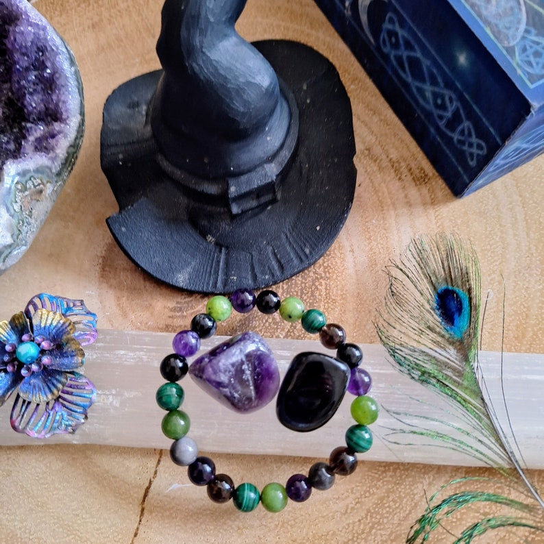 Weisses Armband Hexe Curse Breaking Kristall aus Amethyst, Jade, Malachit, Rauchquarz & Obsidian, sowie Amethyst und Apachen Tumbles Bild 7