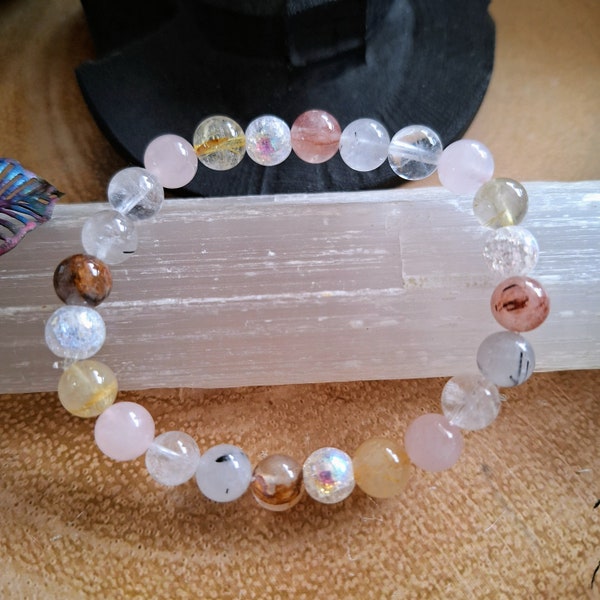 Master Healer Beaded Crystal bracelet with Clear Quartz, Rose Quartz, Rutilated Quartz, Hematoid Quartz and Cracked Quartz natural stone