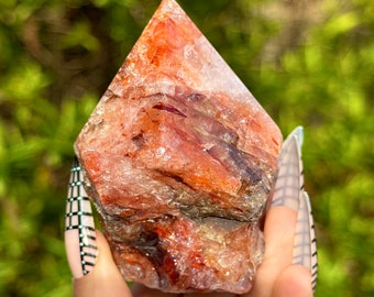 Red Hematoid Fire Quartz Tower Half Polished Point Natural Crystal Healing Home Decoration 220g