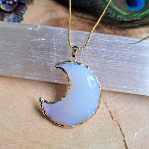 Opalite crescent moon pendant necklace raw stone crystal healing celestial witchy jewellery gift for him or her