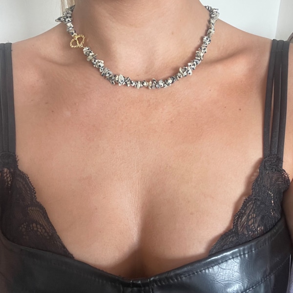Dalmation jasper chip choker necklace minimalist crystal healing jewellery genuine crystal jewelry