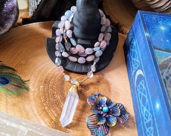 Amethyst aquamarine and rose quartz necklace Knotted with Raw Clear Quartz Point crystal healing mala gift for her jewellery for women
