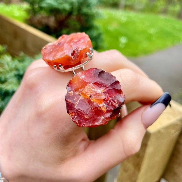 Carnelian statement ring adjustable raw natural stone raw crystal witchy jewellery
