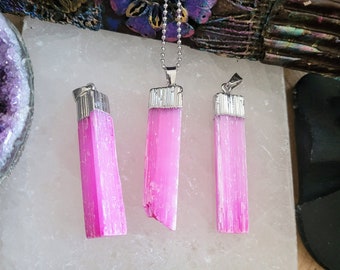 Pink selenite pendant necklace for women crystal healing gift for her witchy jewellery crown heart chakra gemstone jewelry