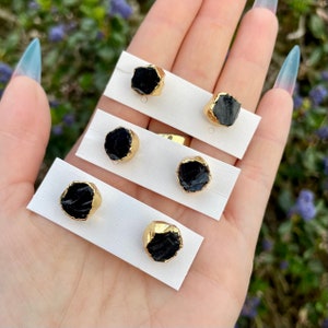 Black Obsidian Stud Earrings Electroplated Gold Crystal Healing Protection Jewellery