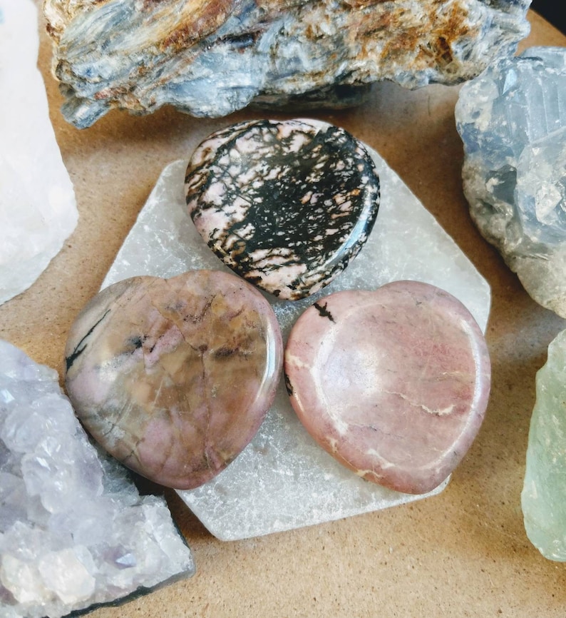 Rhodonite heart shaped worry stone crystal healing full of energy