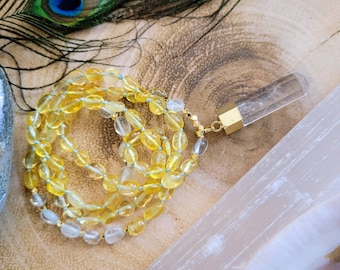 Citrine and clear quartz knotted necklace with point pendant crystal healing mala gift for her gemstone jewellery