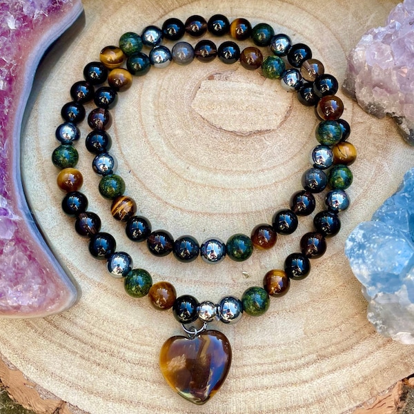 Ultimate Protection Crystal Necklace with Black Tourmaline, Tigers Eye, Black Obsidian, Serpentine, Smoky Quartz and Hematite