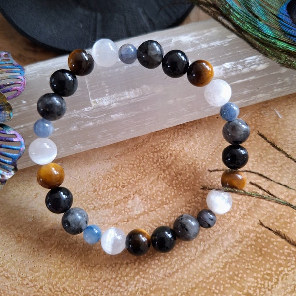Raise Your Vibration Bracelet with Selenite, Kyanite, Tigers Eye, Larvikite and Black Obsidian Crystal - Positivity, Manifestation natural