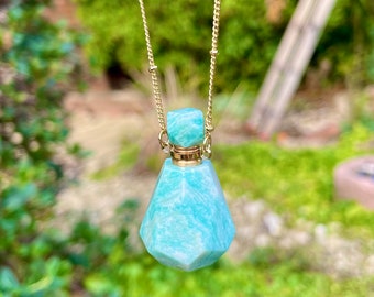 Amazonite perfume bottle Crystal  necklace pendant gift for her aromatherapy essential oil carrier