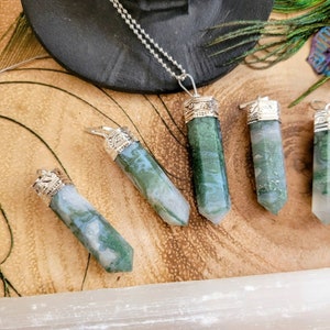 Green moss agate point pencil pendant necklace gift for him or her crystal healing jewellery for men or women witchy gemstone jewelry image 7