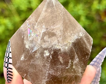 Smoky Quartz Tower Half Polished Point Raw Crystal Natural Rainbow Inclusion Home Decor Polished Gemstone Ornament 300g