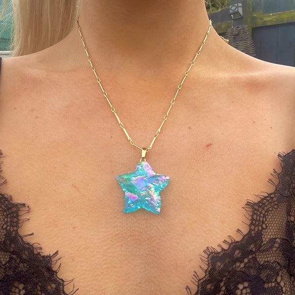 Aqua Aura Quartz Star Necklace Pendant Raw Crystal Healing Celestial Rainbow Gemstone Jewellery