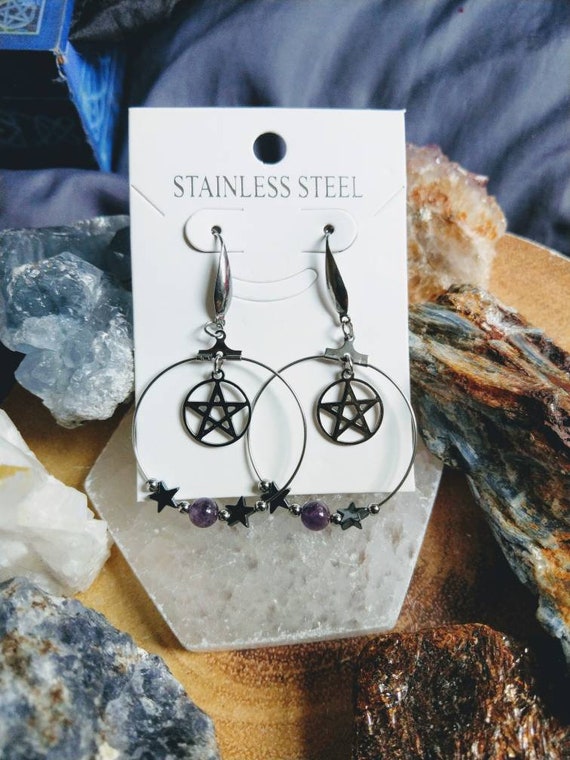 Amethyst and Pentagram Earrings Stainless Steel Hoop Emotional