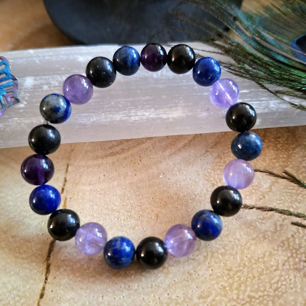 Bracelet anti-migraineux/maux de tête, cristal curatif, pierre naturelle avec lapis-lazuli, améthyste et jais