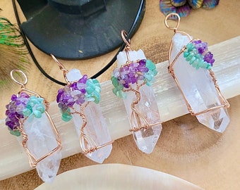 Clear Quartz necklace wire wrapped pendant with amethyst and green aventurine chips crystal healing jewelry