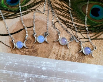 Opalite triple moon necklace minimalist jewellery witchy crystal healing jewelry