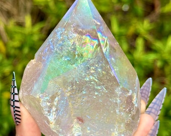 Angel Aura Quartz Tower Half Polished Raw Point Rainbow Crystal Decor Natural Stone Energy Generator 360g