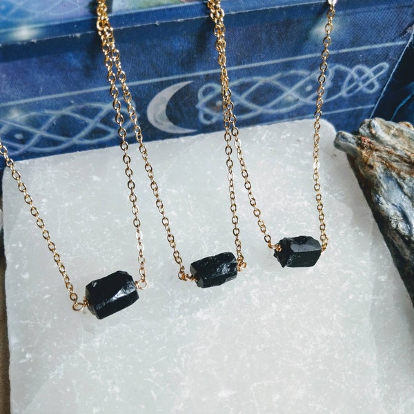 Raw black tourmaline necklace minimalist crystal healing natural stone protection amulet