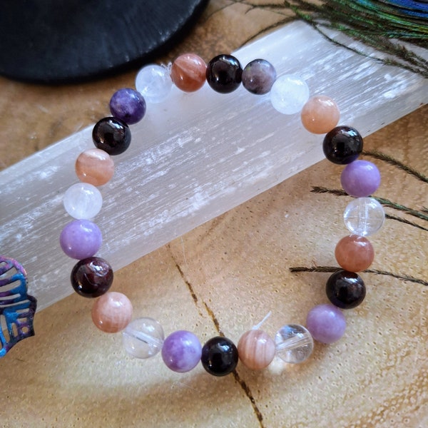 Menopause Support Crystal  Bracelet 6mm, 8mm or 10mm Stones with Lepidolite, Moonstone, Red Garnet and Clear Quartz