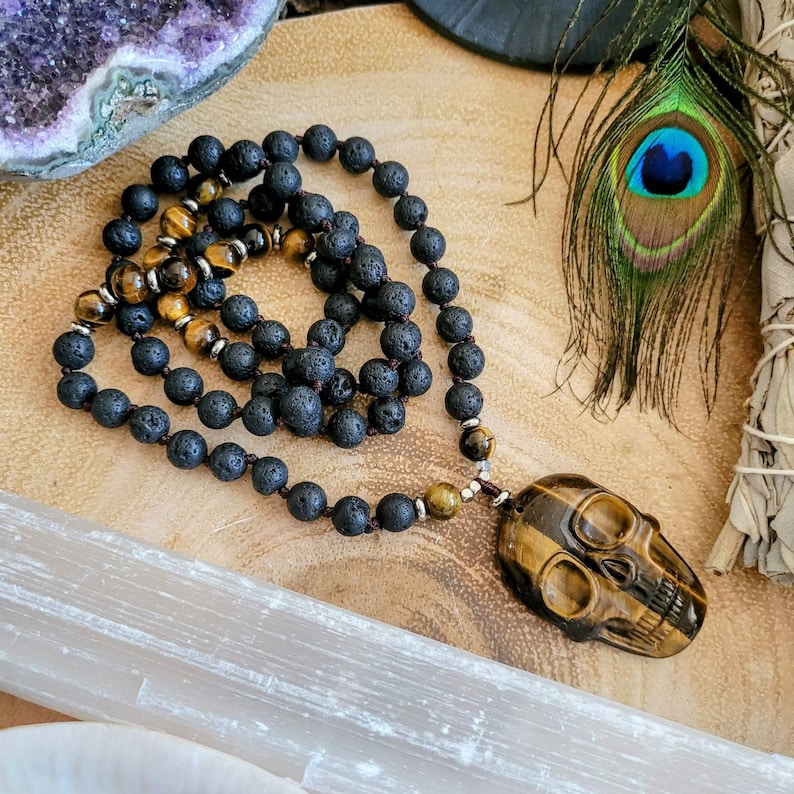 tigers eye skull pendant and lava stone necklace for men or women crystal healing witchy jewellery protection talisman gemstone jewelry image 1