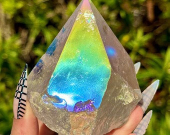 Angel Aura Quartz Tower Half Polished Raw Point Rainbow Crystal Decor Natural Stone Energy Generator 343g