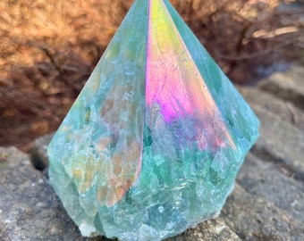 Fluorite Aura Point – Half Polished Crystal Tower, Unique Healing Gemstone Gift