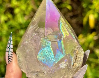 Angel Aura Quartz Tower Half Polished Raw Point Rainbow Crystal Decor Natural Stone Energy Generator 330g