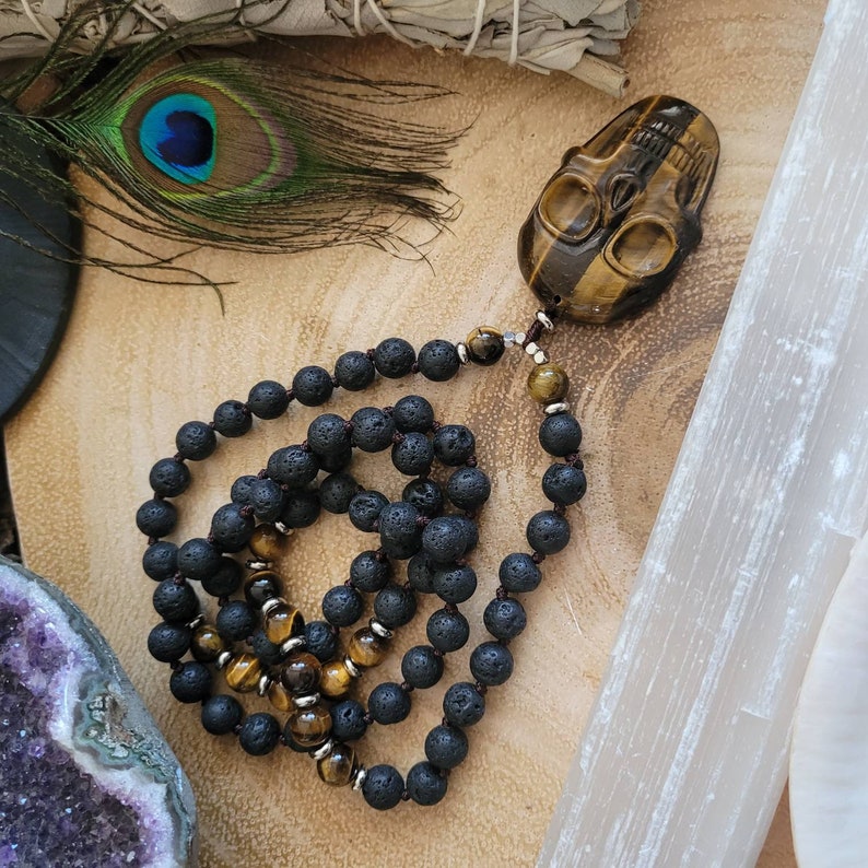 tigers eye skull pendant and lava stone necklace for men or women crystal healing witchy jewellery protection talisman gemstone jewelry image 6