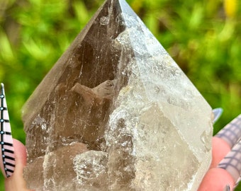 Smoky Quartz Tower Half Polished Point Raw Crystal Natural Rainbow Inclusion Home Decor Polished Gemstone Ornament 250g