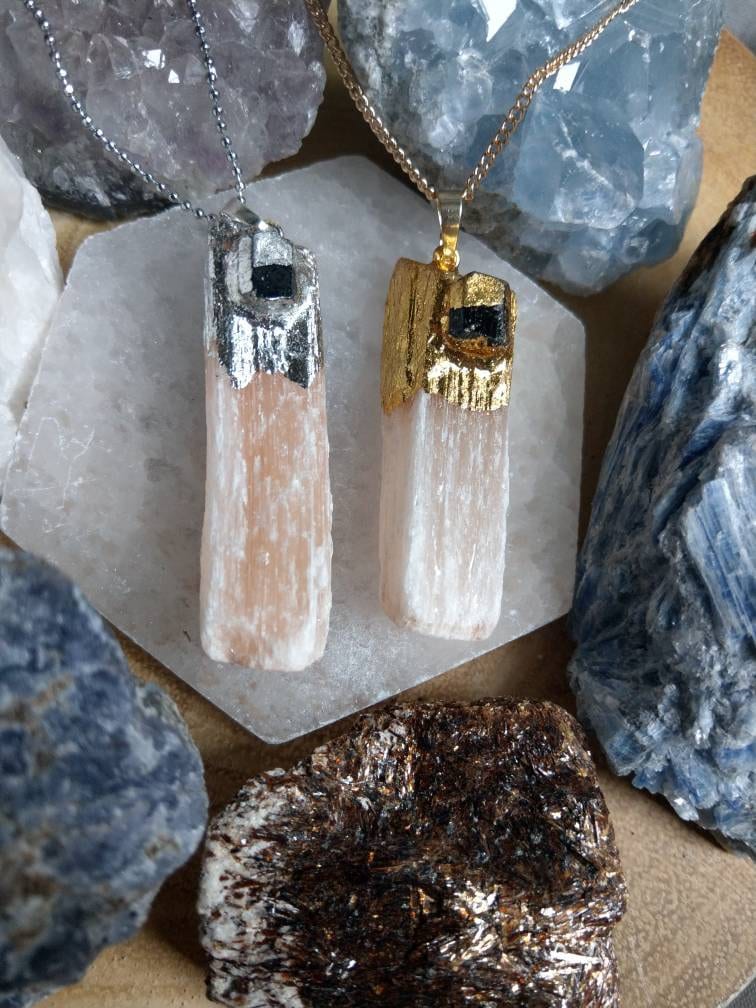 peach Selenite necklace  With black tourmaline Pendant Crystal Healing 