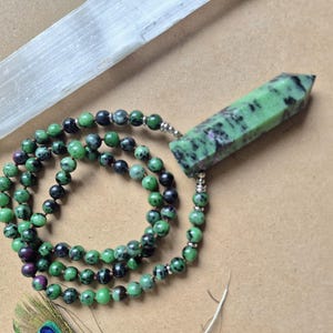 Ruby in Zoisite Bead long Necklace, Point Pendant gemstone jewellery