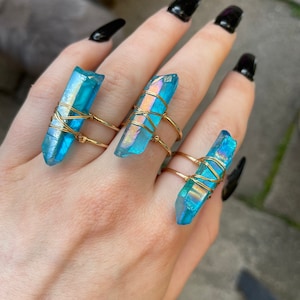 Aqua Aura Quartz ring adjustable raw stone Crystal healing witchy jewellery gift