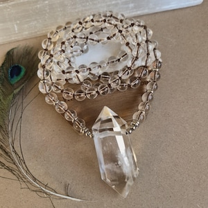 Clear Quartz Knotted necklace: double terminated point pendant