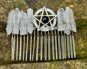 Clear Quartz wire wrapped hair comb accessory natural stone hair grip crystal comb with black obsidian pentagram