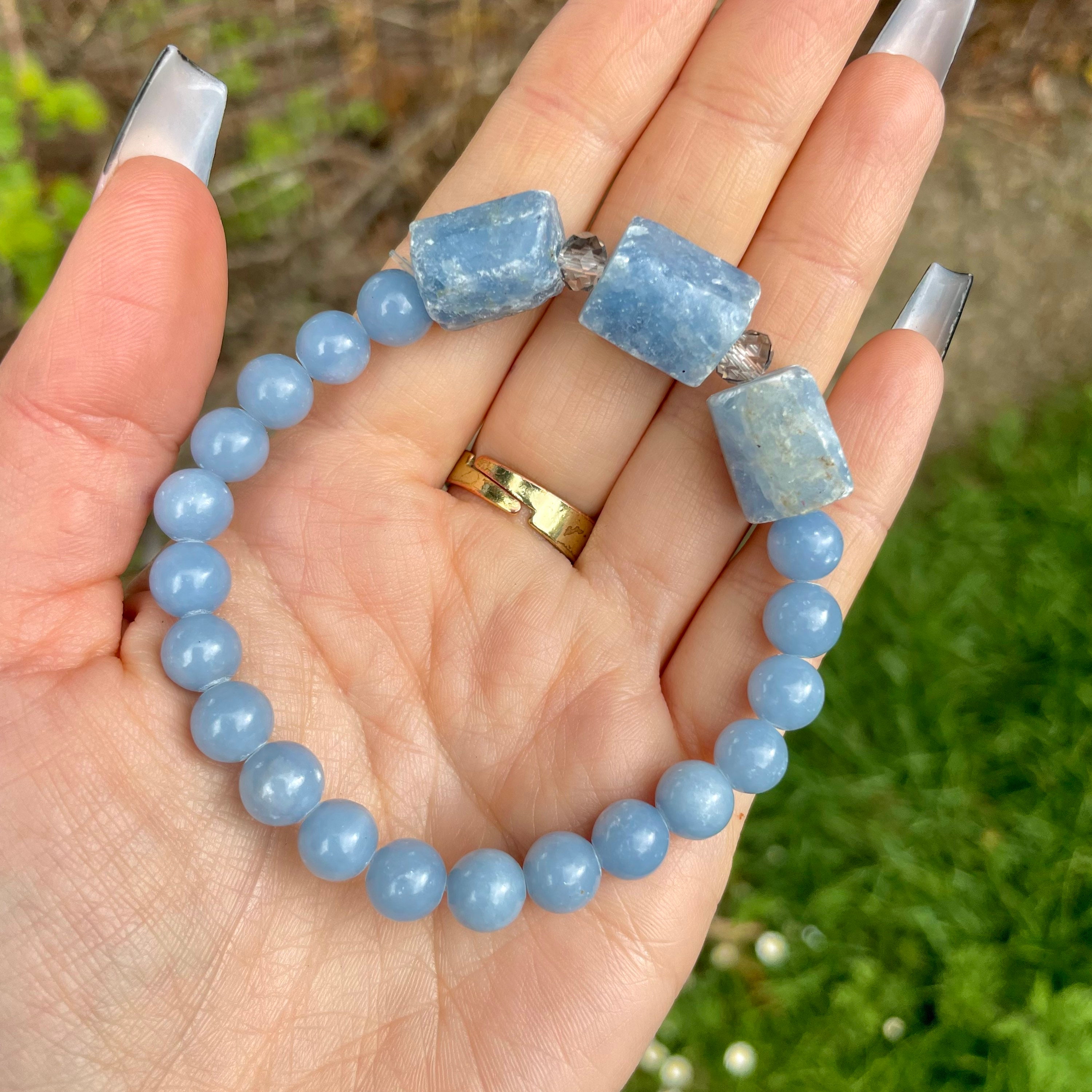 Angelite Gemstone Bracelet with Protection Charm