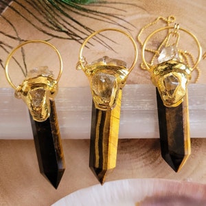 Tigers Eye Point Necklace: Raw Citrine Cluster, Natural Stone Pendant