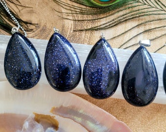 Blue Goldstone teardrop pendant neckkace crystal healing jewellery sparkly gift for her