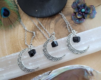 Black Tourmaline Quarter Moon pendant necklace celestial gift for him or her crystal healing protection jewellery for men or women