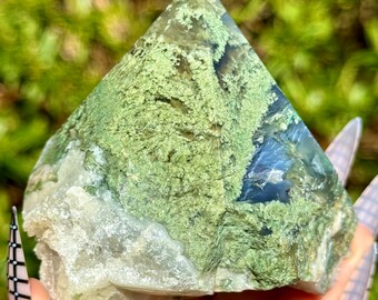 Green Moss Agate Tower Point Half Polished Raw Crystal Healing Natural Stone Decor 406g