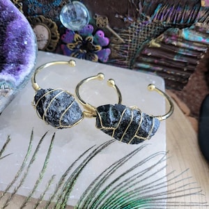 Black Tourmaline Cuff Bracelet: Wire Wrapped Raw Stone, Root Chakra Jewellery