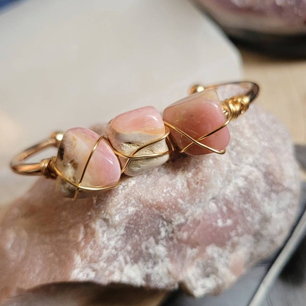 Pink opal cuff bracelet bangle wire wrapped crystal jewellery
