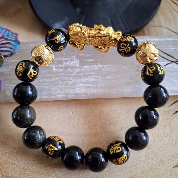 Pixiu Bracelet with Black Obsidian natural stone gemstone jewellery gift for men or women Feng Shui for Wealth and Luck