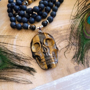 tigers eye skull pendant and lava stone necklace for men or women crystal healing witchy jewellery protection talisman gemstone jewelry image 7