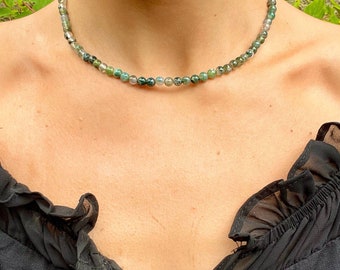 Green moss agate choker necklace minimalist crystal healing natural stone