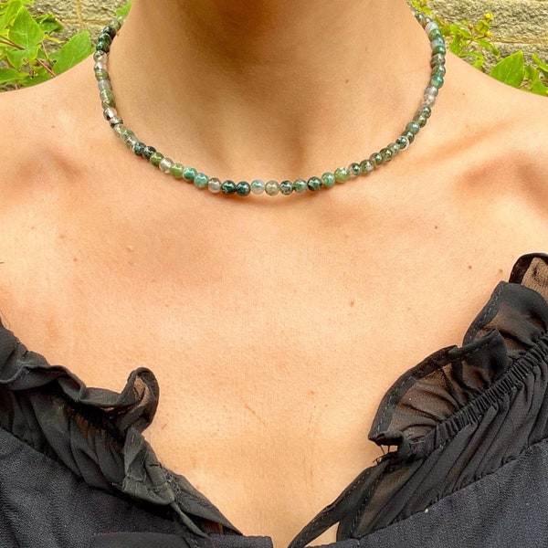 Green moss agate choker necklace minimalist crystal healing natural stone